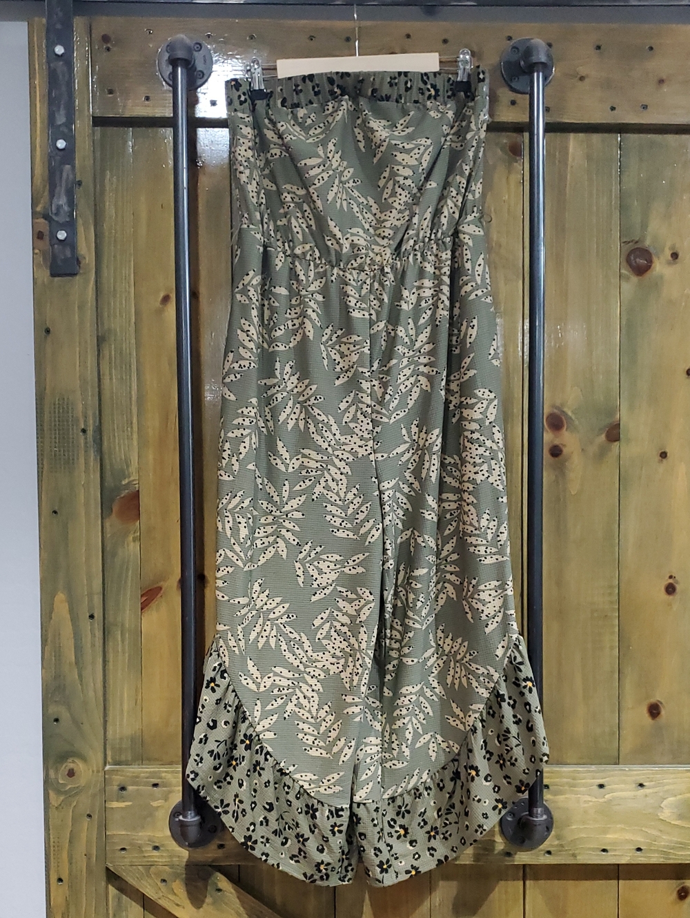 Cato Olive Green Leaf-Print Strapless Jumpsuit